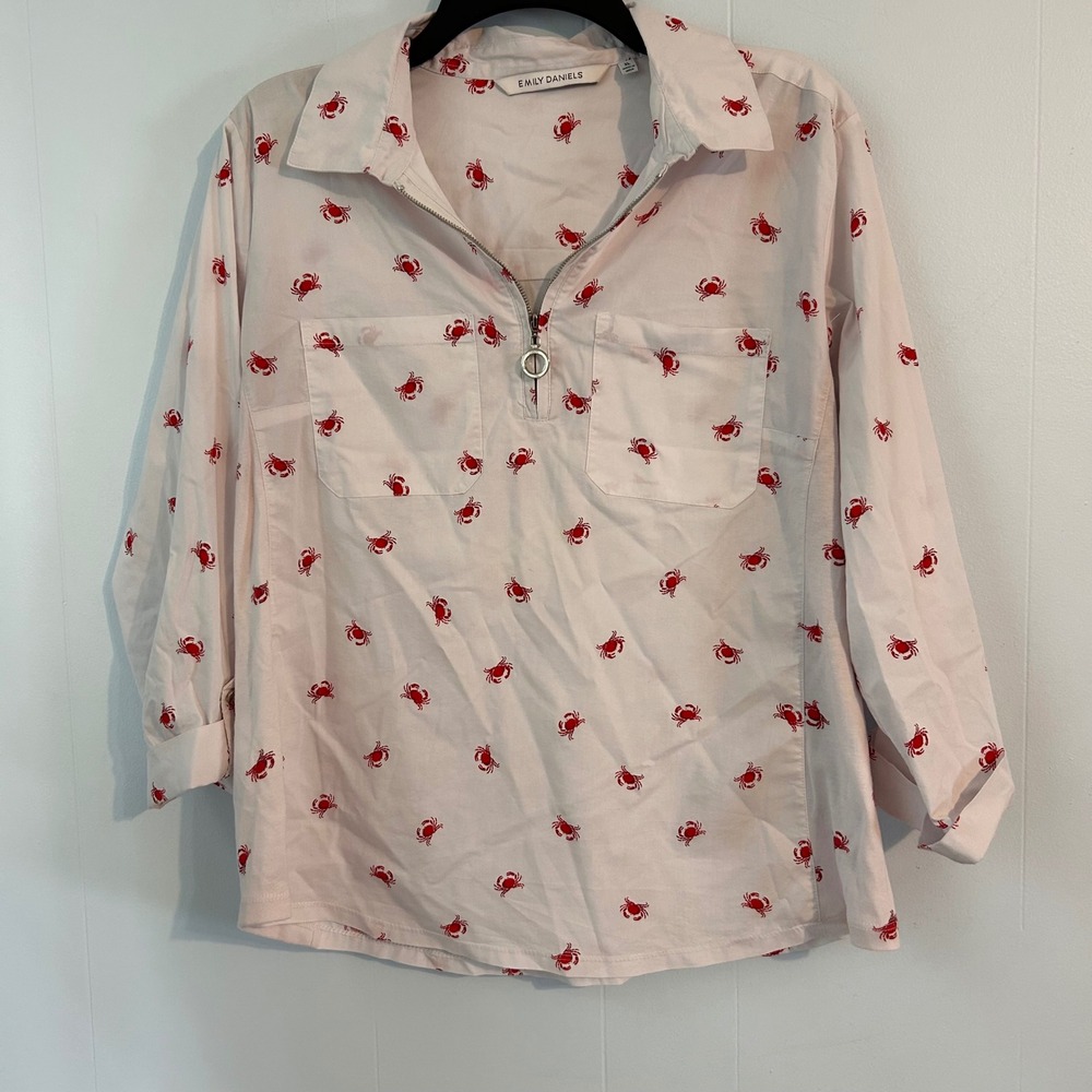 Emily Daniels Womens XL White Red Crab Print Quarter Zip Roll Tab Sleeve Top